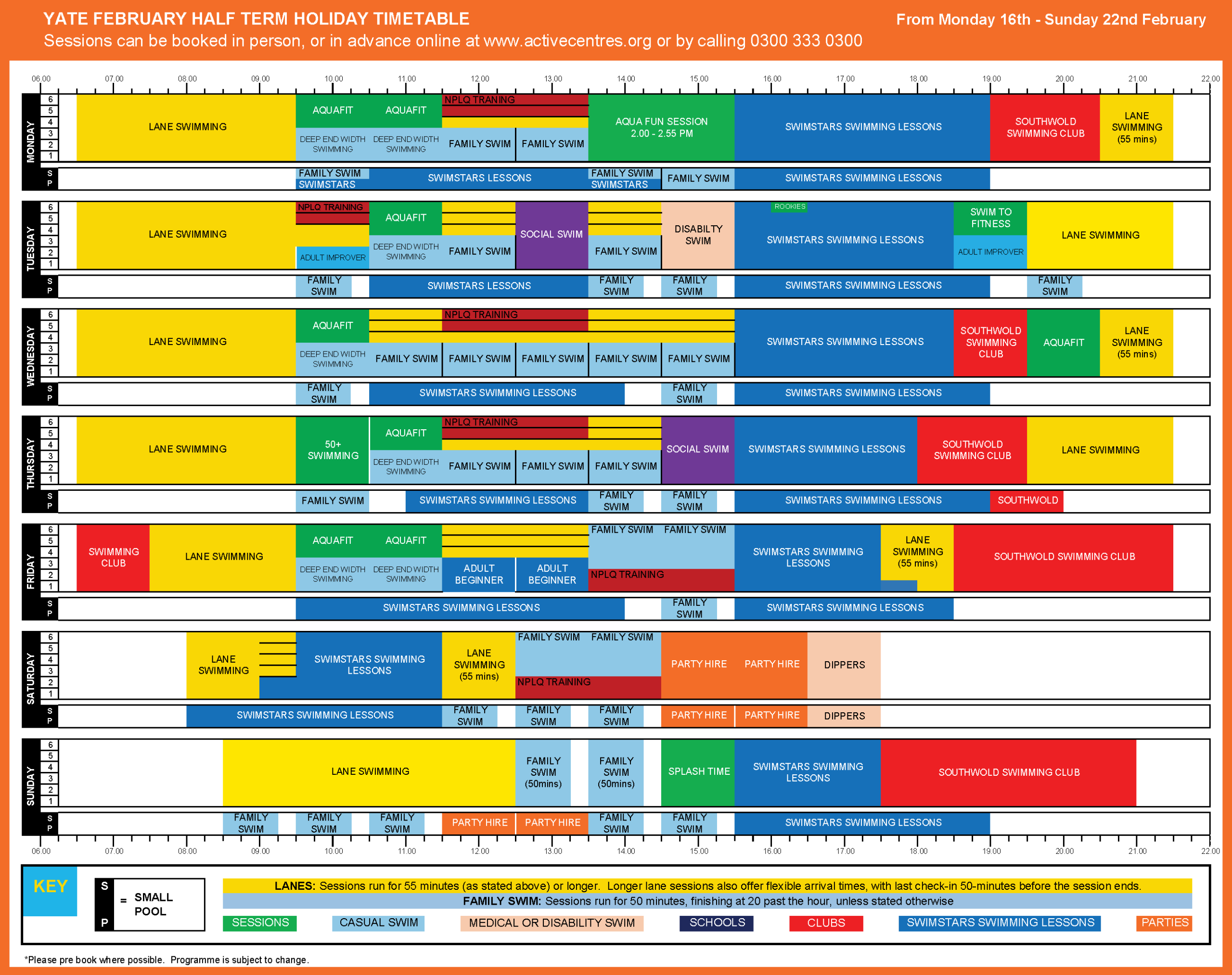 Yate February 2026 Half Term Pool Timetable