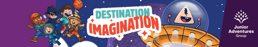 Banner showing some cartoon children on the left, the text 'destination imagination' in the middle and a smiling alien with a triangle shaped head on the right. The Junior Adventures Group Logo is on the far right.